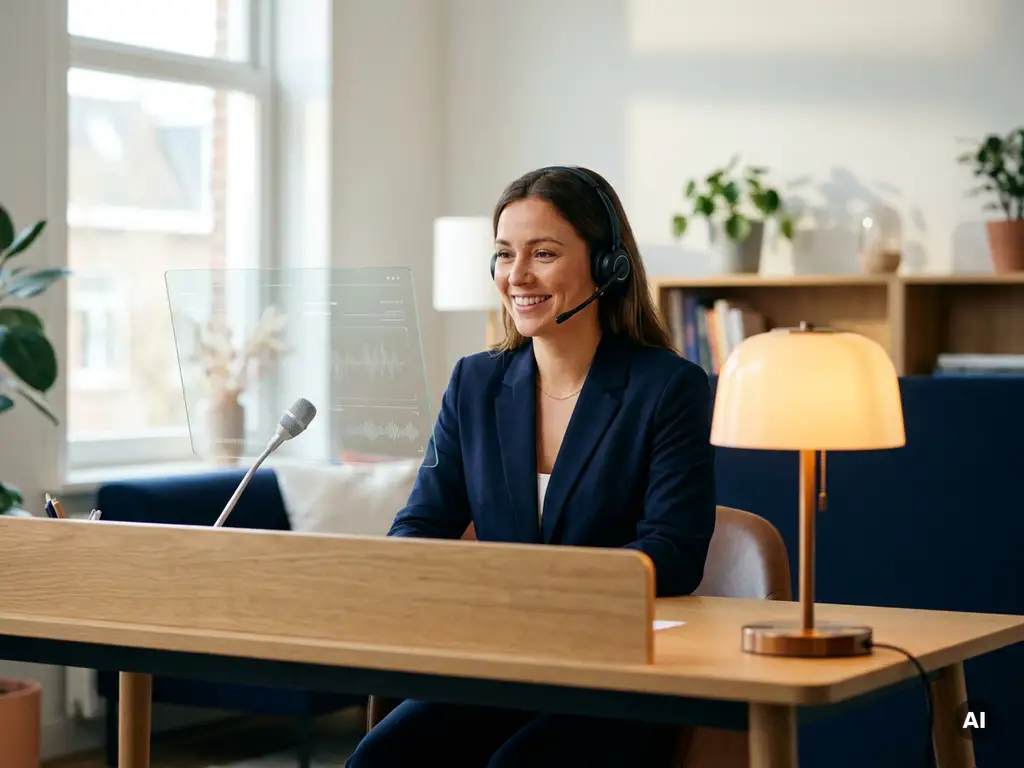 Klantenservicemedewerker met headset aan modern bureau, verlicht door warme amberkleurige lamp in stijlvol kantoor.