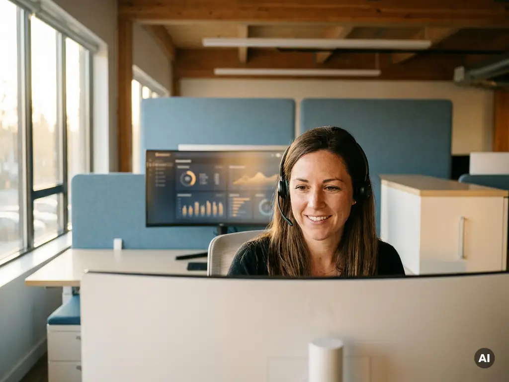 Klantenservicemedewerker met headset aan modern bureau, kwaliteitsdashboard op monitor, open kantoor in Utrecht met warm middaglicht.