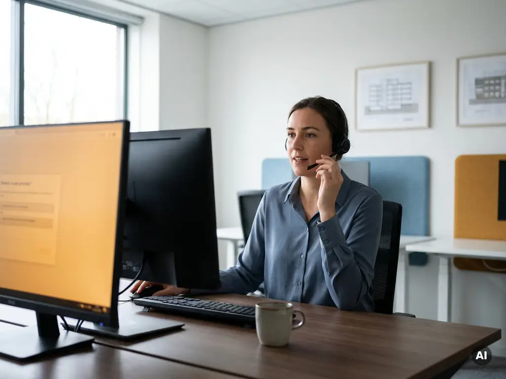 Klantenservicemedewerker met headset aan modern bureau, secundair scherm toont AI-suggesties in warm amber licht.