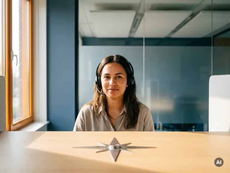 Klantenservicemedewerker met headset aan modern bureau, kompasnaald in het bureaublad, warm amberkleurig licht, professionele kantooromgeving.