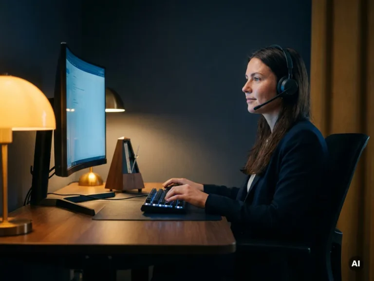 Klantenservicemedewerker met headset aan modern bureau, metronoom naast monitor, warm amberkleurig licht, professionele sfeer.