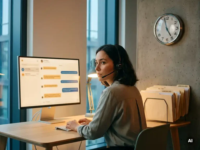 Klantenservicemedewerker aan modern bureau kijkt naar analoge wandklok, met onopgeloste dossiers en een actief chatscherm op de achtergrond.