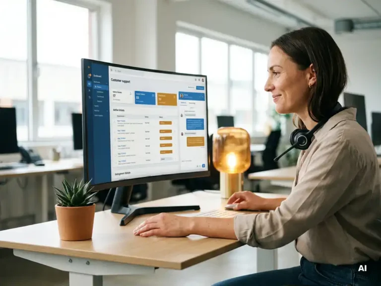 Klantenservicemedewerker beheert meerdere verzoeken op monitor aan opgeruimd bureau met headset en succulent in licht kantoor.