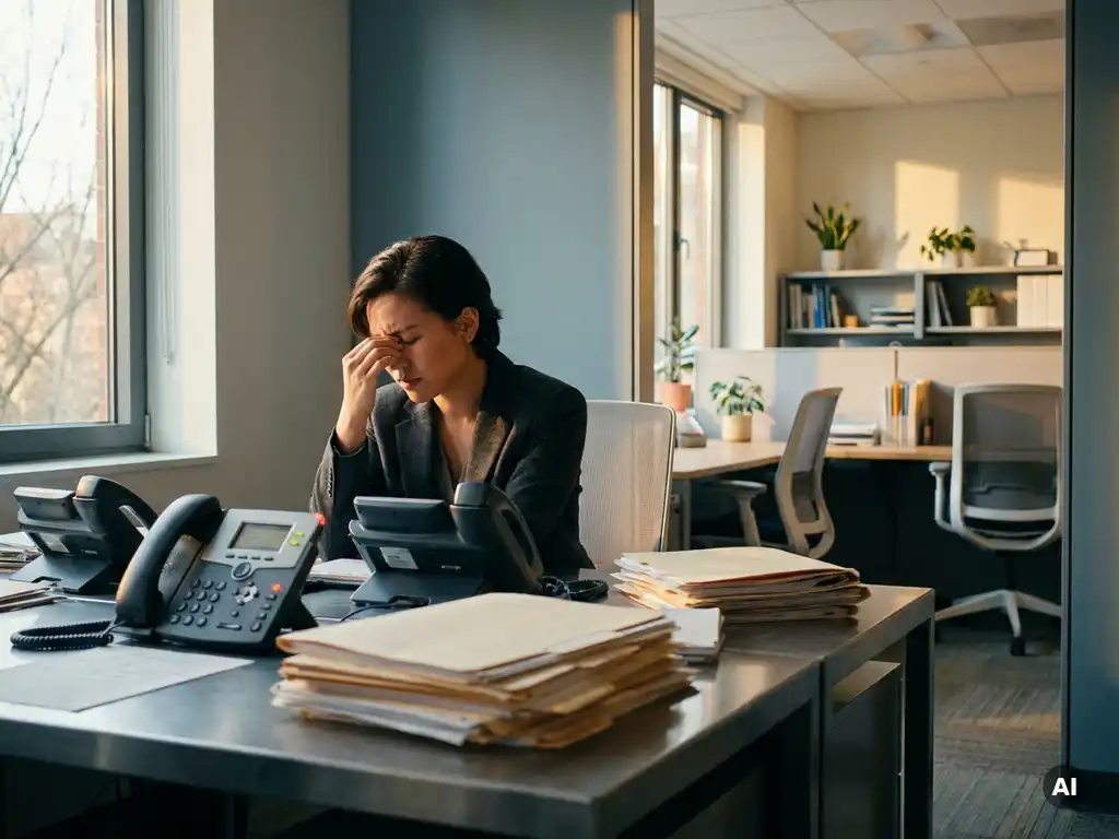 Overweldigde klantenservicemedewerker aan modern bureau omringd door torenhoge stapels mappen en rinkelende telefoons.