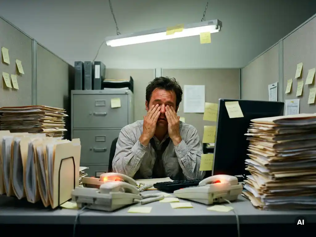 Uitgeputte klantenservicemedewerker omringd door stapels papieren dossiers, rinkelende telefoons en plakbriefjes in een chaotisch kantoor.