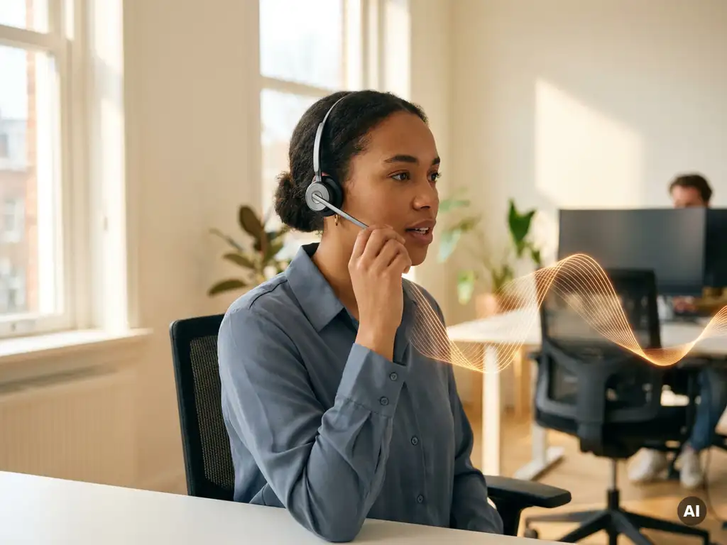 Klantenservicemedewerker met headset aan modern bureau, omgeven door gloeiende amber transcriptiegolf in Nederlands kantoor.