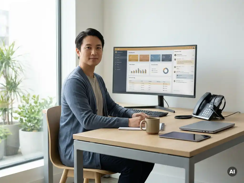Klantenservicemedewerker aan modern bureau met telefoon, laptop, tablet en centraal dashboard-scherm in rustige, georganiseerde werkruimte.