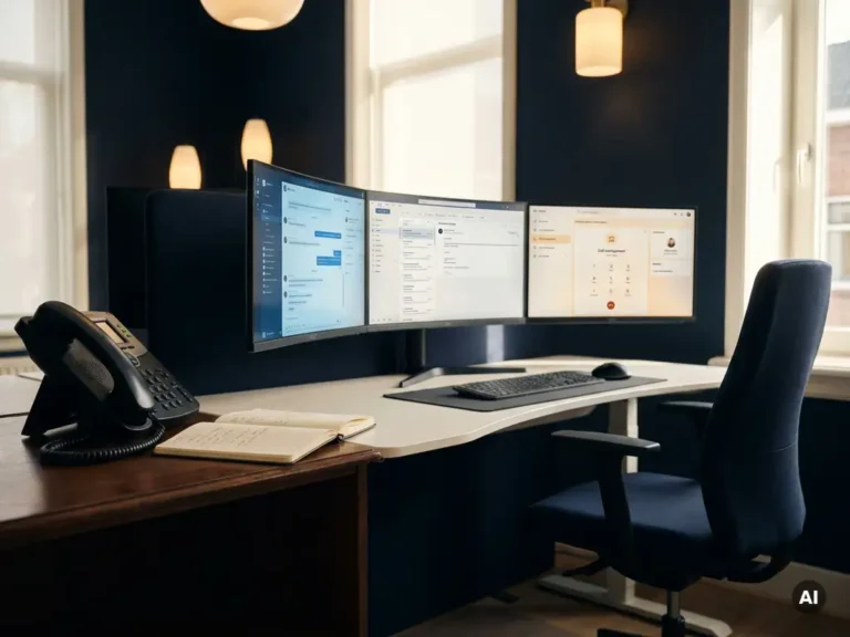 Klantenservicemedewerker bureau met telefoon en notitieboek naast moderne monitors met chat-, e-mail- en belinterfaces in stijlvol kantoor.