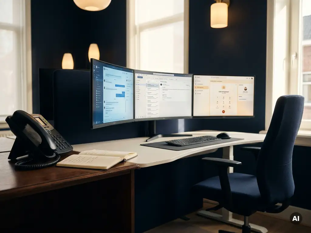 Klantenservicemedewerker bureau met telefoon en notitieboek naast moderne monitors met chat-, e-mail- en belinterfaces in stijlvol kantoor.