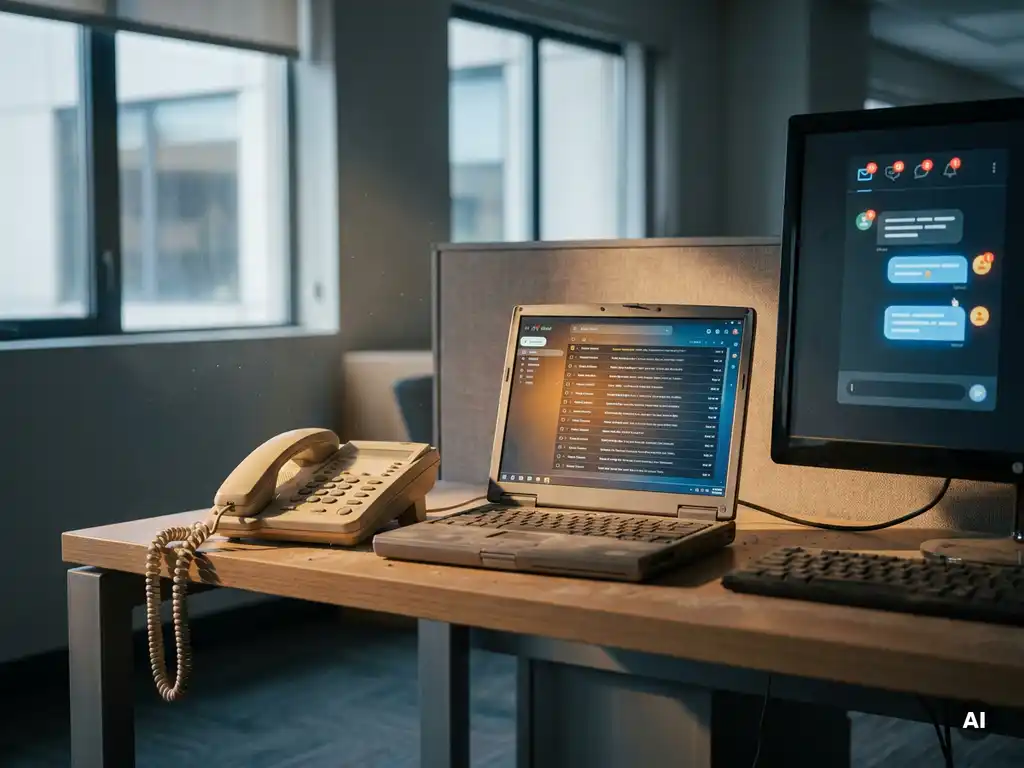 Verlaten klantenservicebureau met stoffige telefoon, overvolle e-mailinbox op laptop en onbeantwoorde chatmeldingen op monitor.