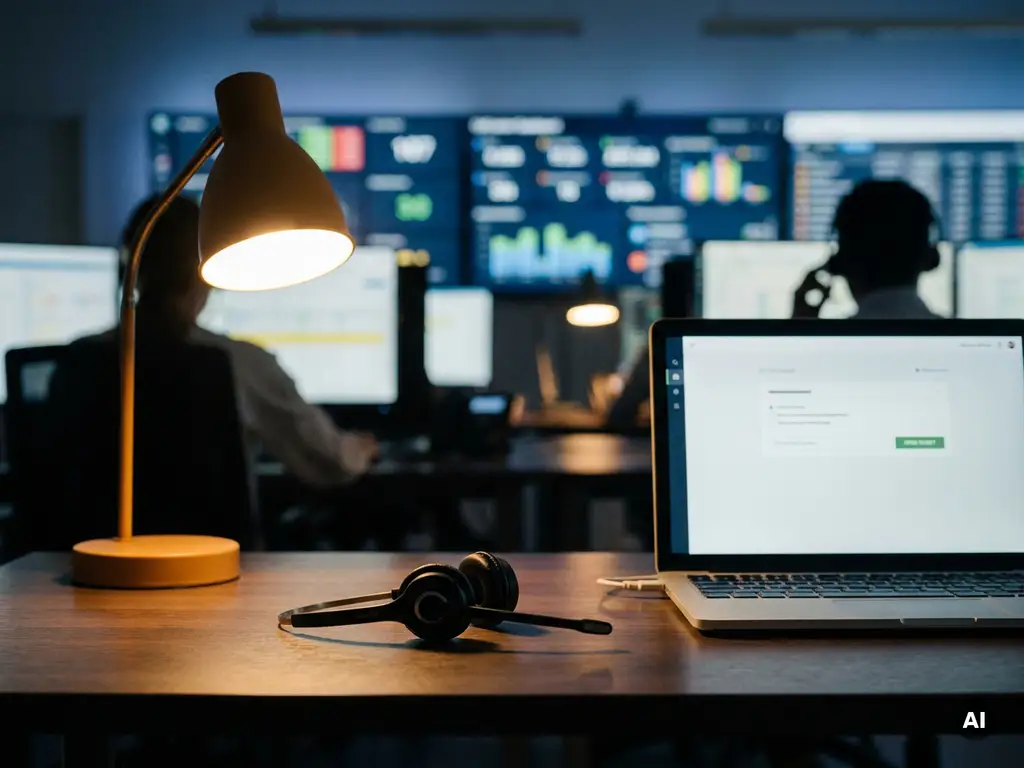 Telefoonheadset naast laptop met ticketinterface op bureau, op de achtergrond meerdere schermen met live call-dashboards.