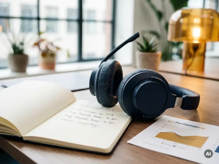 Klantenservice headset naast een notitieboek met handgeschreven aantekeningen en een prestatiegrafiek op papier, in een modern Nederlands kantoor.