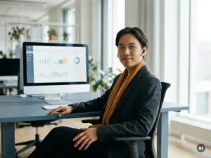 Klantenservicemedewerker aan modern bureau met AI-dashboard op monitor en oorstukje, zelfverzekerde houding in open kantooromgeving.