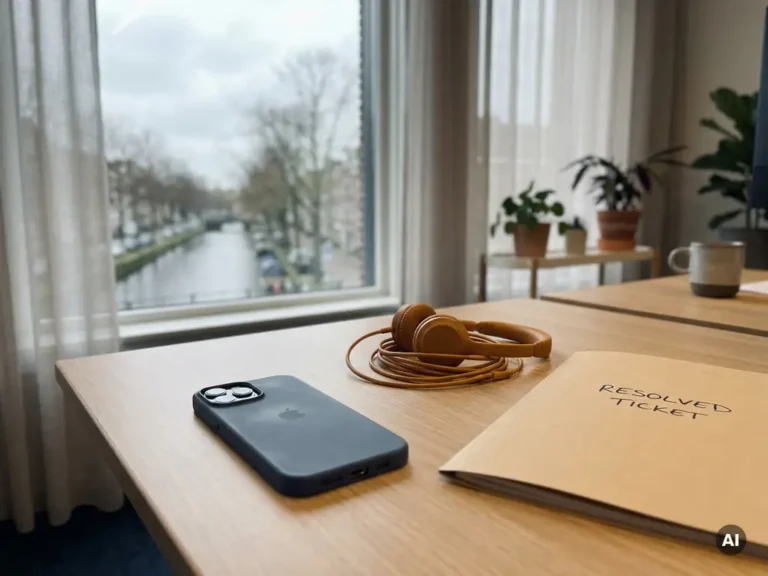 Omgekeerde smartphone op een bureau naast een headset en opgeloste ticketmap, symbool voor eerstelijns klantenservice in modern kantoor.