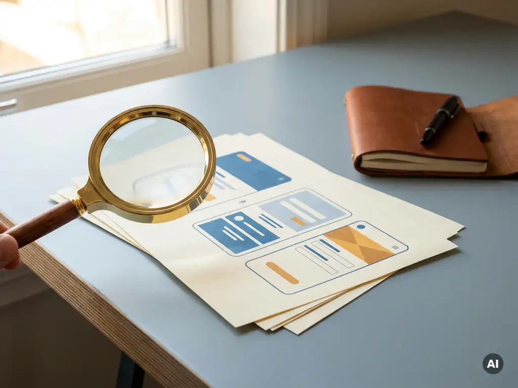 Vergrootglas boven uitgeprinte UI-mockups op minimalistisch bureau met notitieboekje en pen.