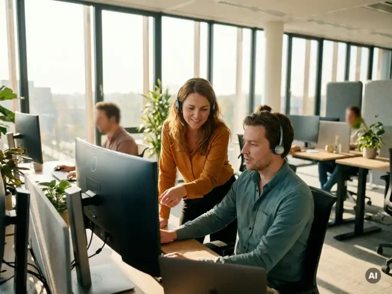 Teamleider begeleidt collega bij contactcenter-werkstation, beiden gericht op gedeeld scherm in lichte kantooromgeving.