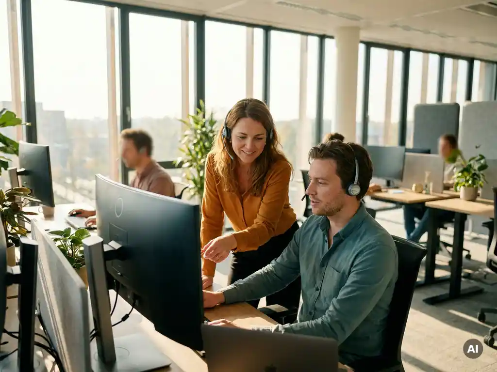Teamleider begeleidt collega bij contactcenter-werkstation, beiden gericht op gedeeld scherm in lichte kantooromgeving.
