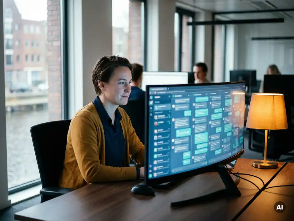 Teamleider bekijkt live gespreksthreads op groot verlicht dashboard in modern Nederlands kantoor met warm amberkleurig bureaulampje.