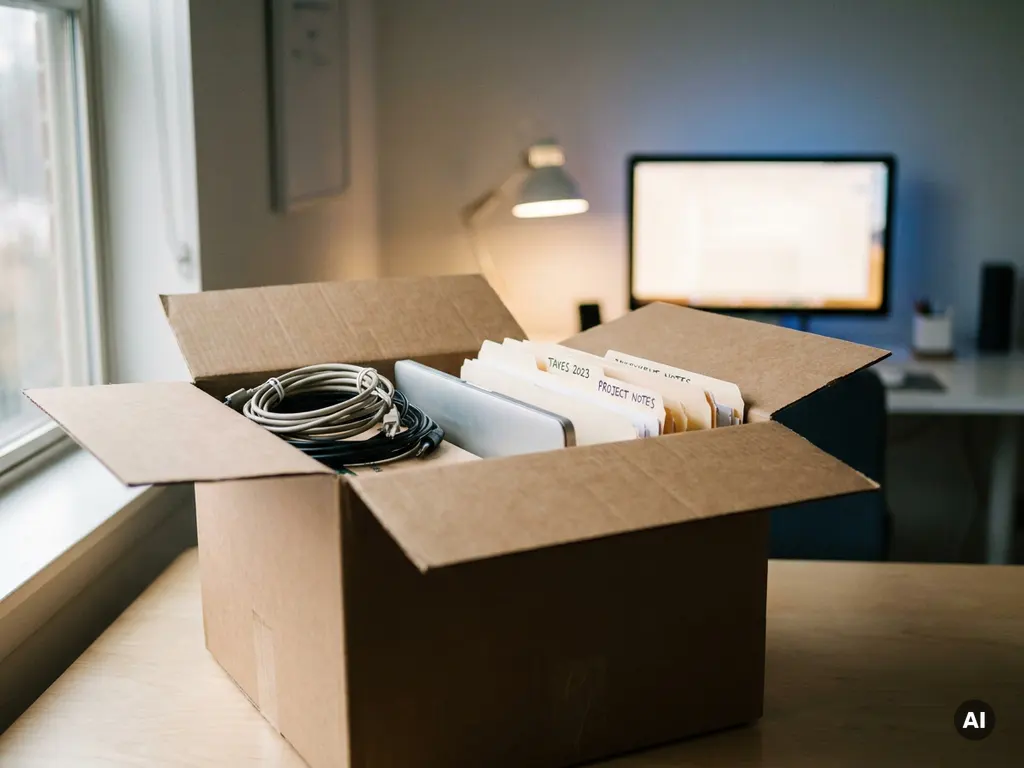 Halfgevulde verhuisdoos met laptop, kabels en gelabelde mappen op modern bureau, nieuw werkstation zichtbaar op achtergrond.