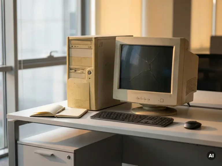 Verouderde desktopcomputer met gebarsten monitor op modern kantoorbureau, omringd door strakke hedendaagse randapparatuur.
