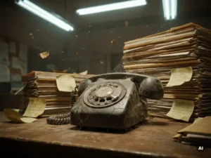 Verouderde gebarsten telefoon op een stoffig bureau met vergelde papieren, spinnenwebben en opkrullende notities.