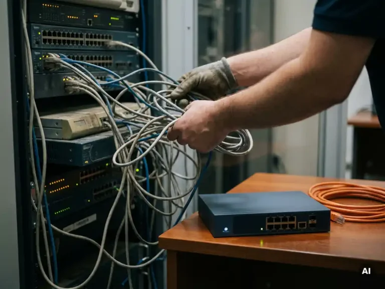 Verouderde ethernetkabels worden losgekoppeld van een rommelig serverrek, met een moderne netwerkswitch klaar op een opgeruimd oppervlak.