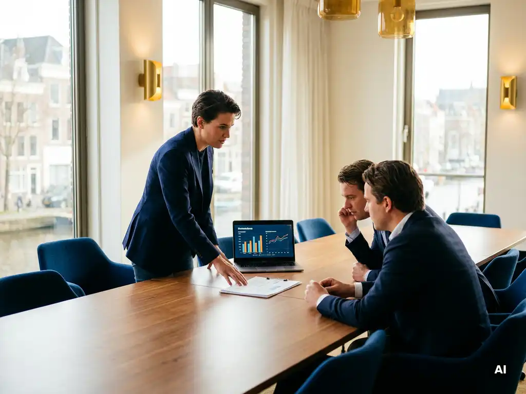 Professional presenteert businesscase aan twee executives in modern Utrecht kantoor met vloer-tot-plafond ramen en gespreksanalytics op laptop.